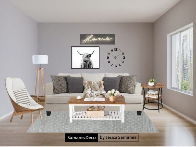 Sala en tonos claros diseñada con detalles Farmhouse