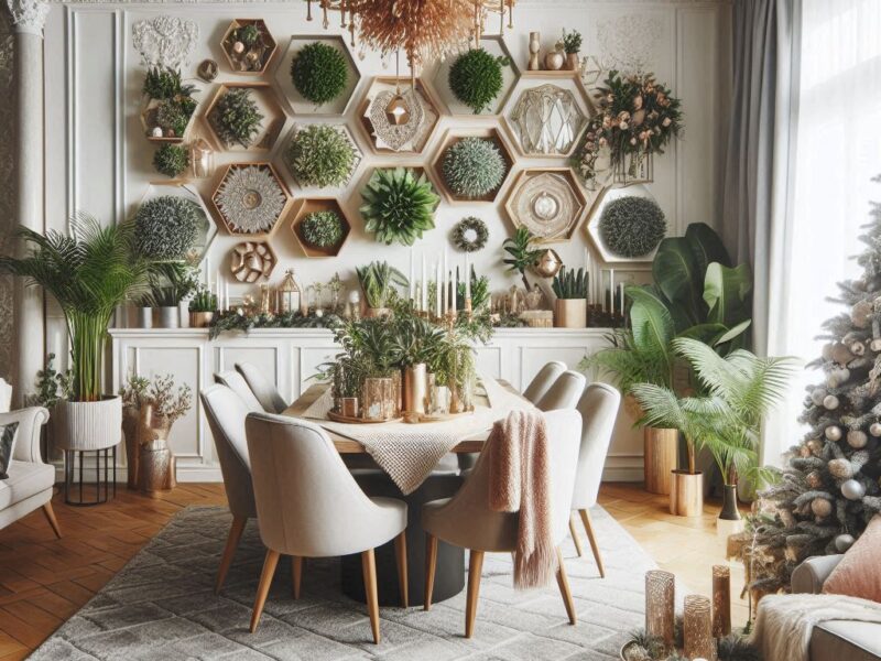 a room with a christmas tree and a table