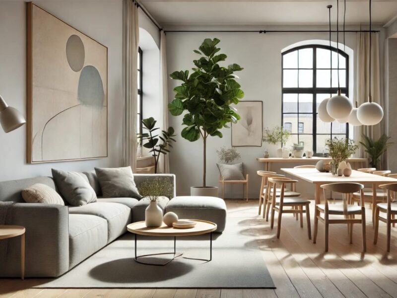 Sala comedor minimalista cálida con plantas