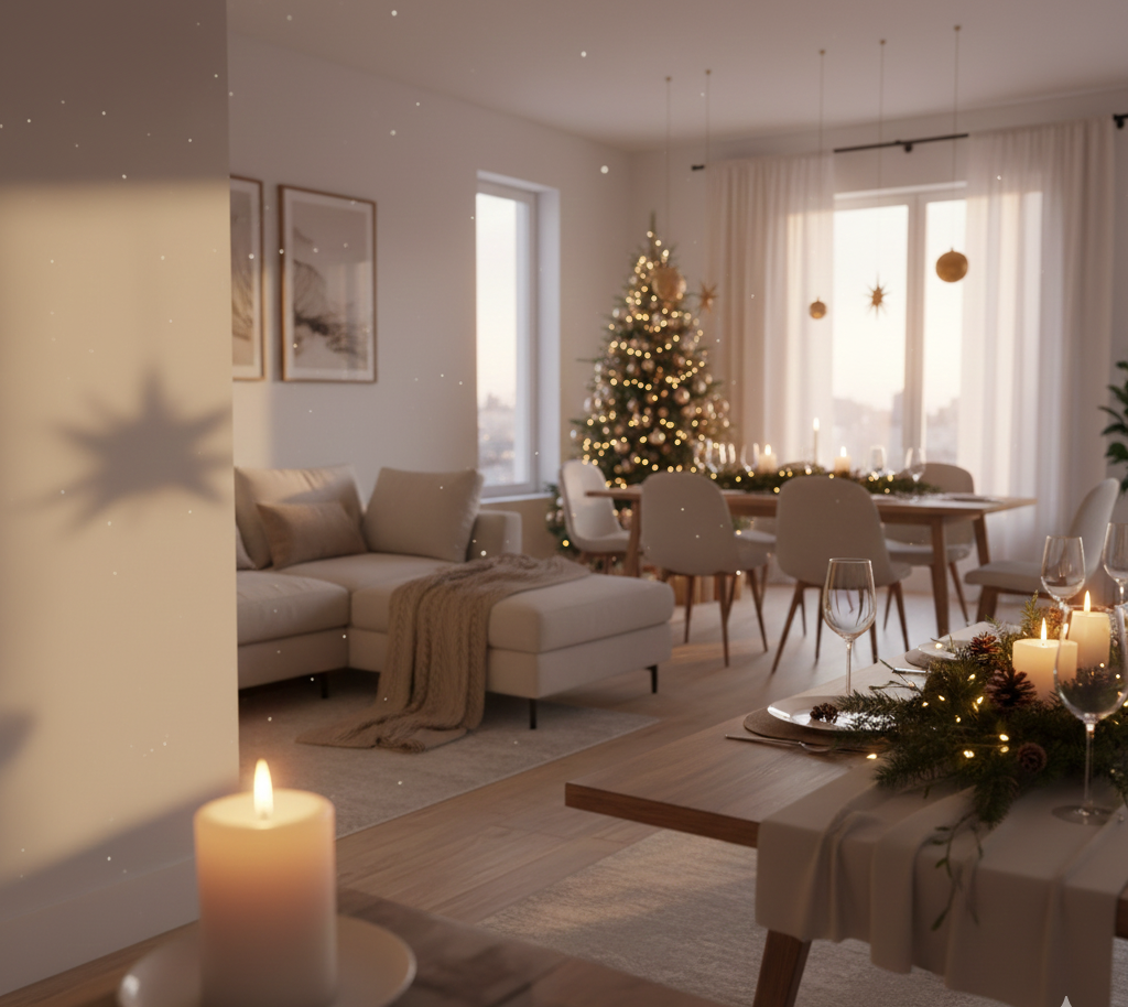 Emocionar con intención. Sala comedor decorada para navidad.