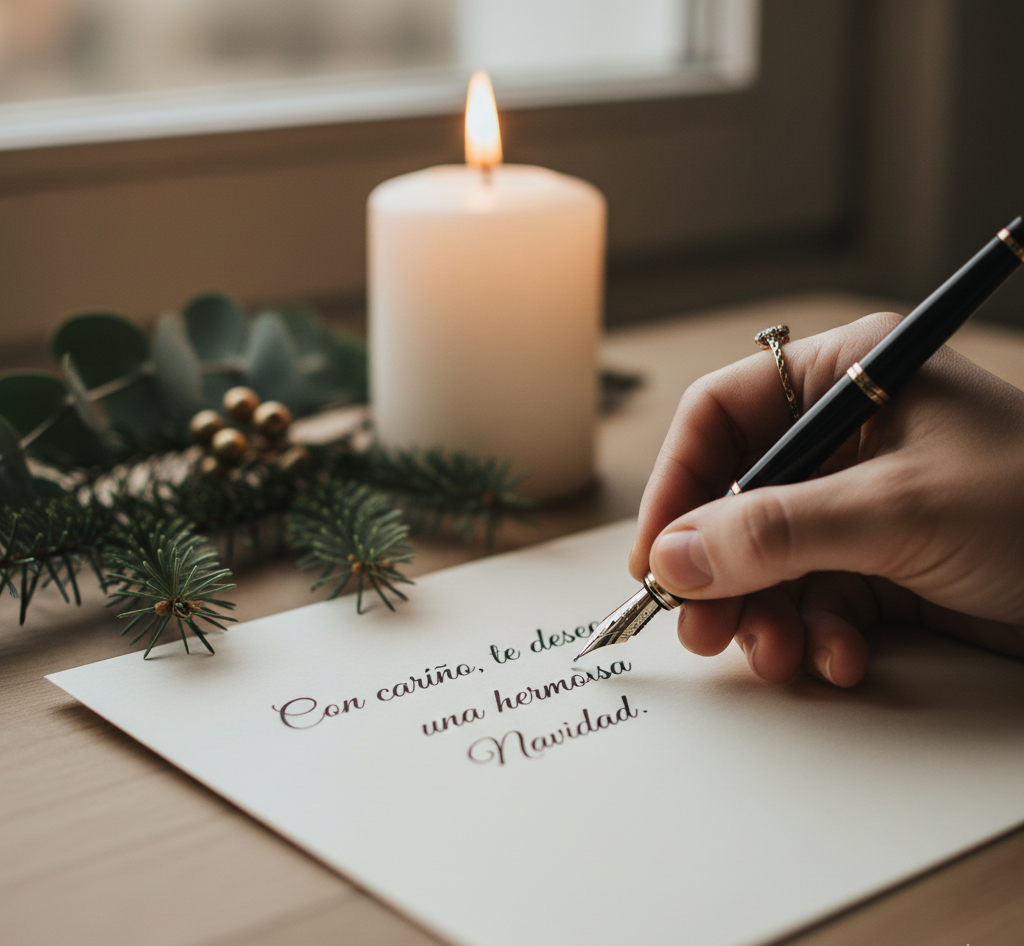 Palabras que inspiran, no que presionan. Manos escribiendo una nota de Navidad.