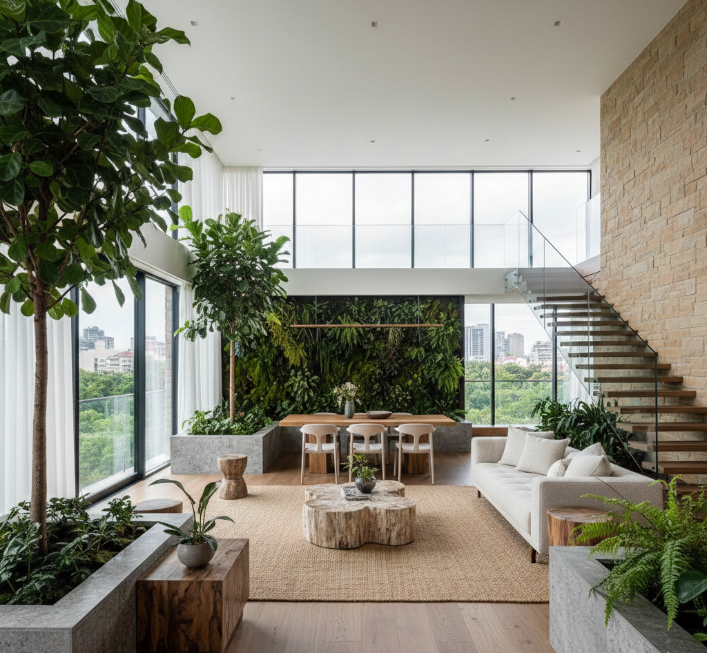 Biofilia en casa con plantas interiores y luz natural