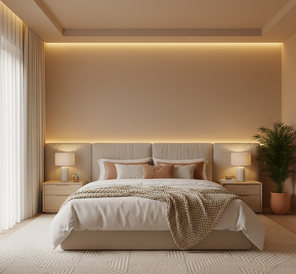 Dormitorio con tonos tierra emocionales