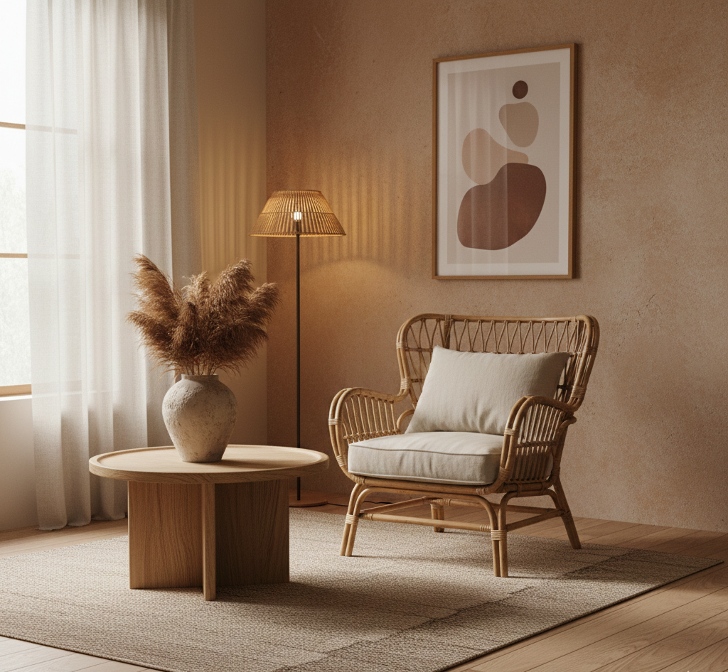 Ratán y fibras naturales en home staging contemporáneo