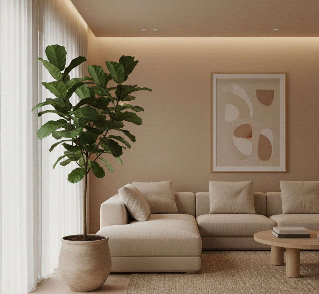 ficus lyrata en sala minimalista cálida