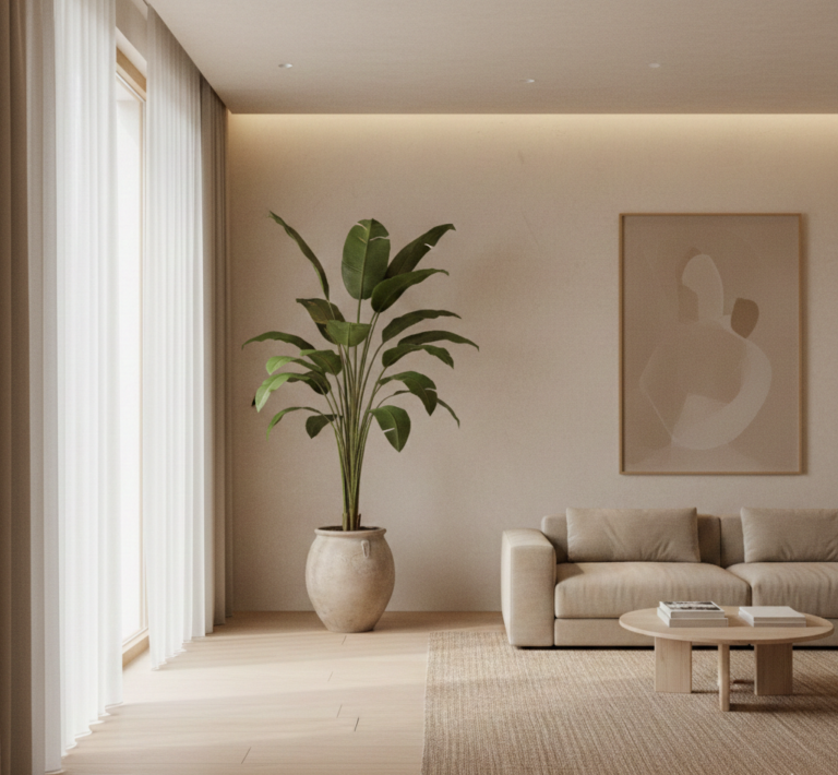 plantas grandes y esculturales para espacios minimalistas cálidos
