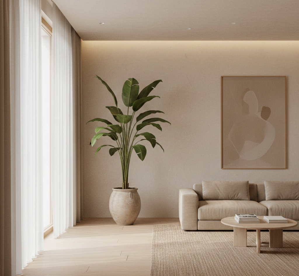 plantas grandes y esculturales para espacios minimalistas cálidos