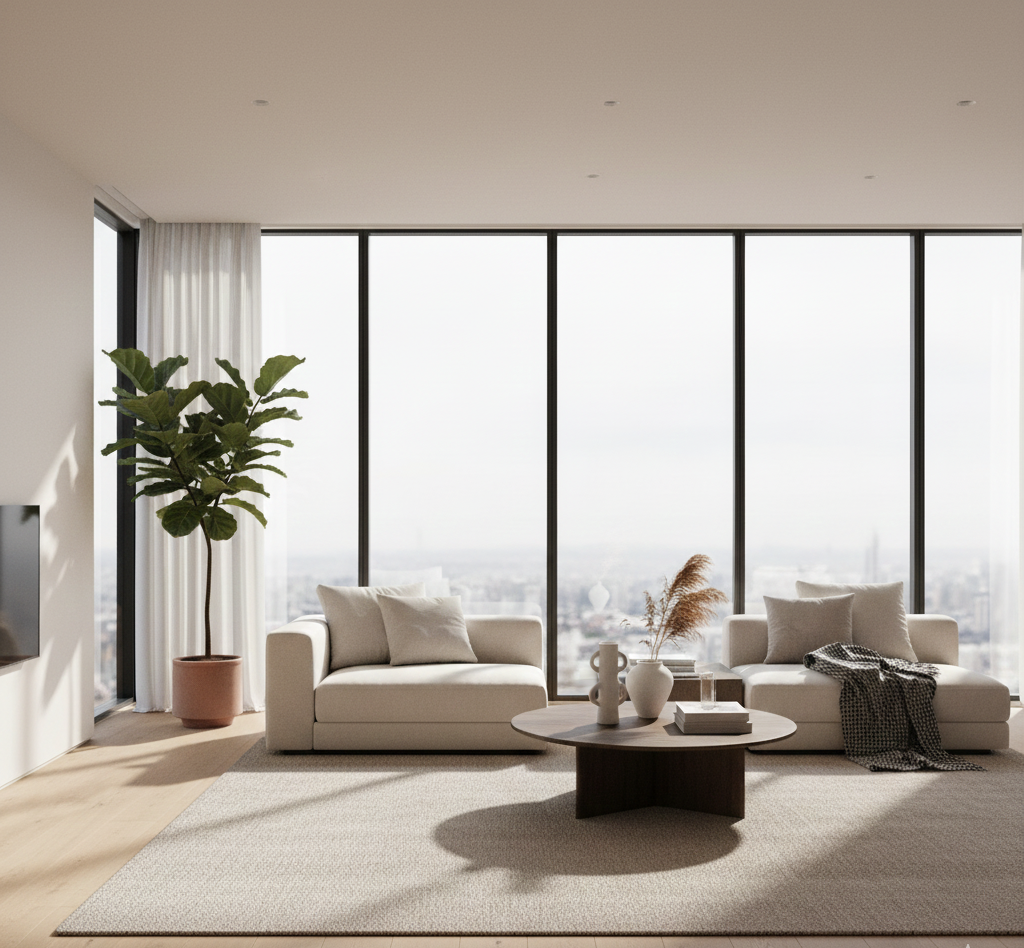 sala luminosa con luz natural y ventanales amplios