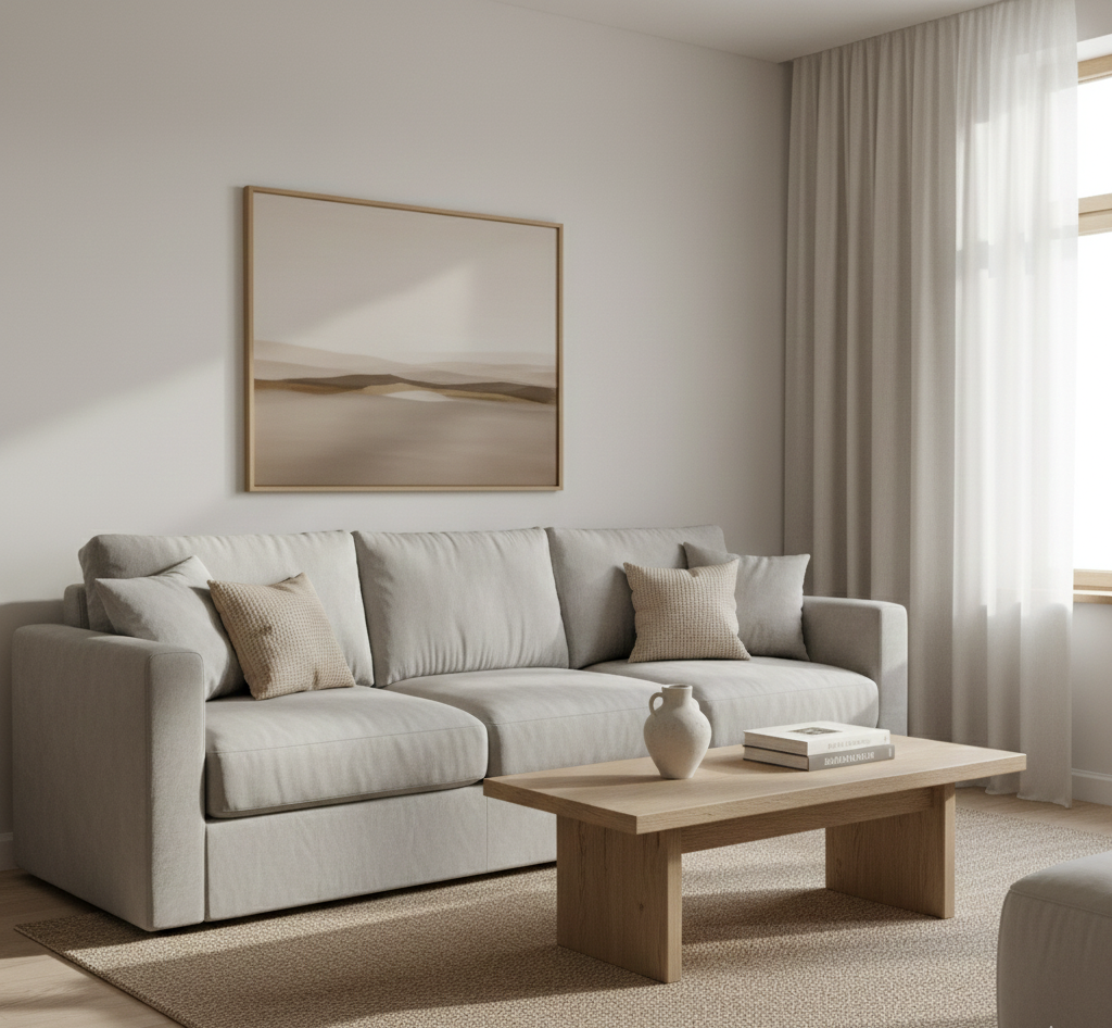 sala minimalista cálida con pocos objetos