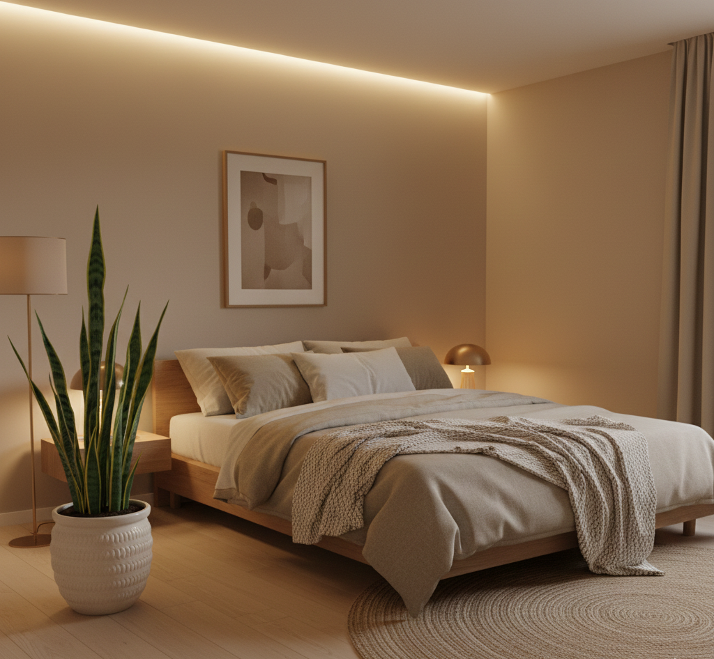 sansevieria grande en dormitorio minimalista
