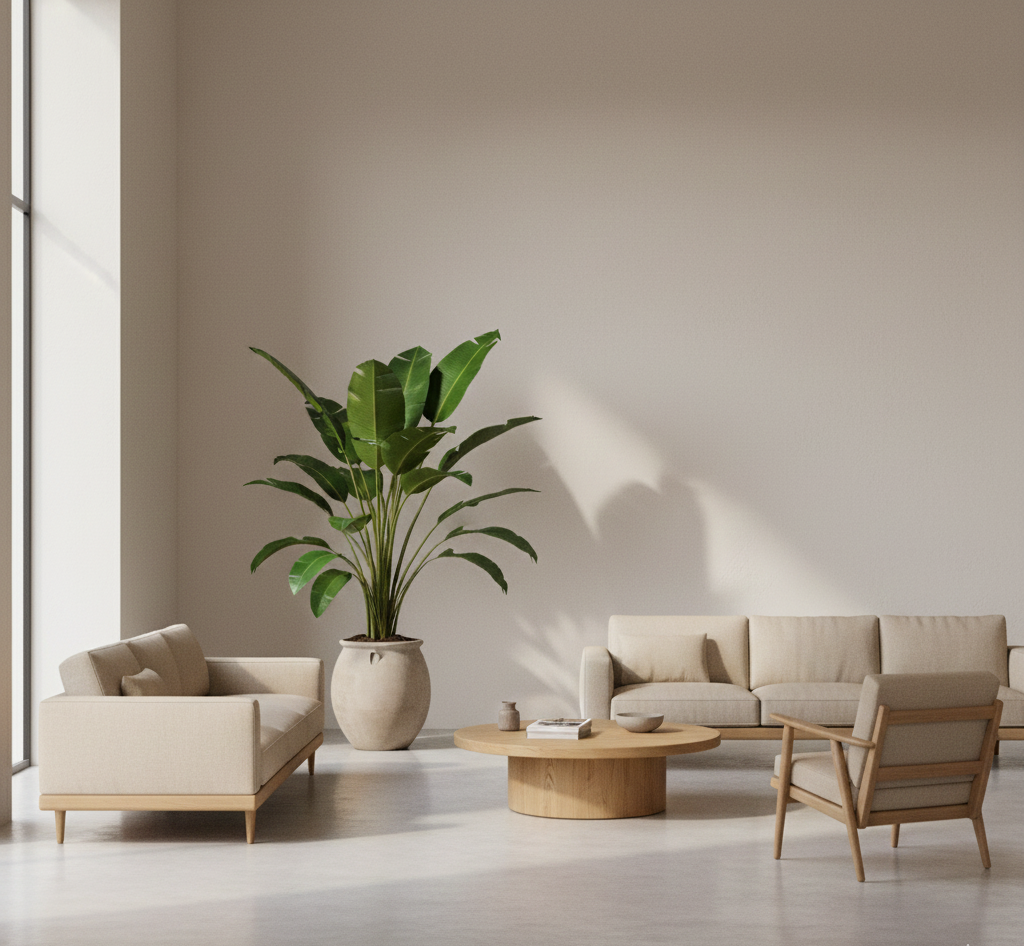 strelitzia en interior minimalista cálido