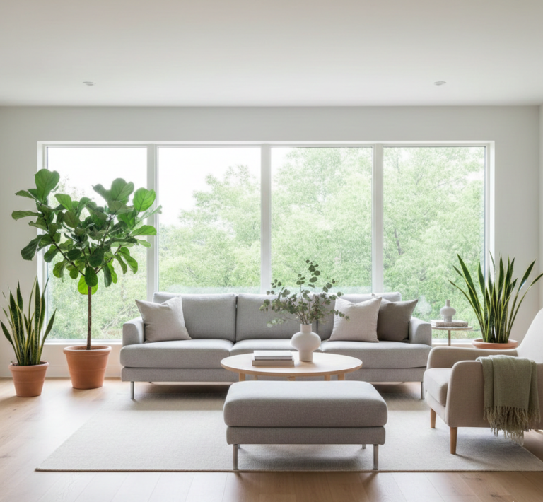 nterior minimalista moderno con sala luminosa, circulación despejada, sofá bien ubicado y pasillo libre, estilo escandinavo, sensación de armonía y bienestar