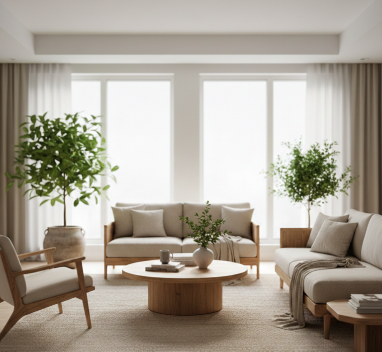 Biofilia estratégica aplicada en sala contemporánea con luz natural y materiales orgánicos