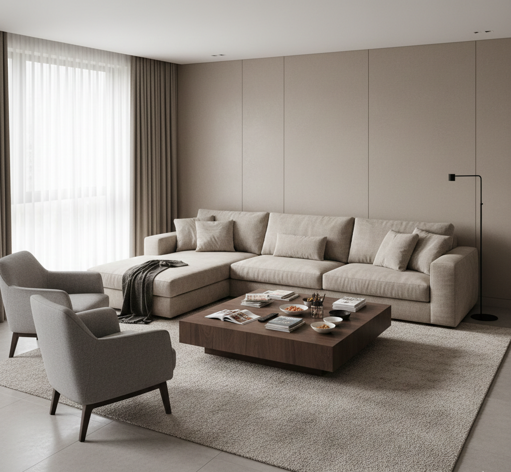 distribución mal resuelta en sala moderna con circulación bloqueada