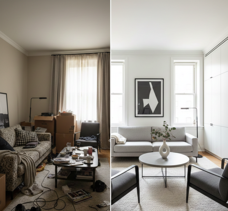 sala pequeña con mala distribución y circulación bloqueada