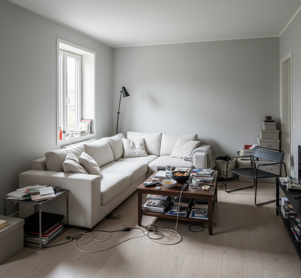 sala pequeña con mala distribución y circulación bloqueada