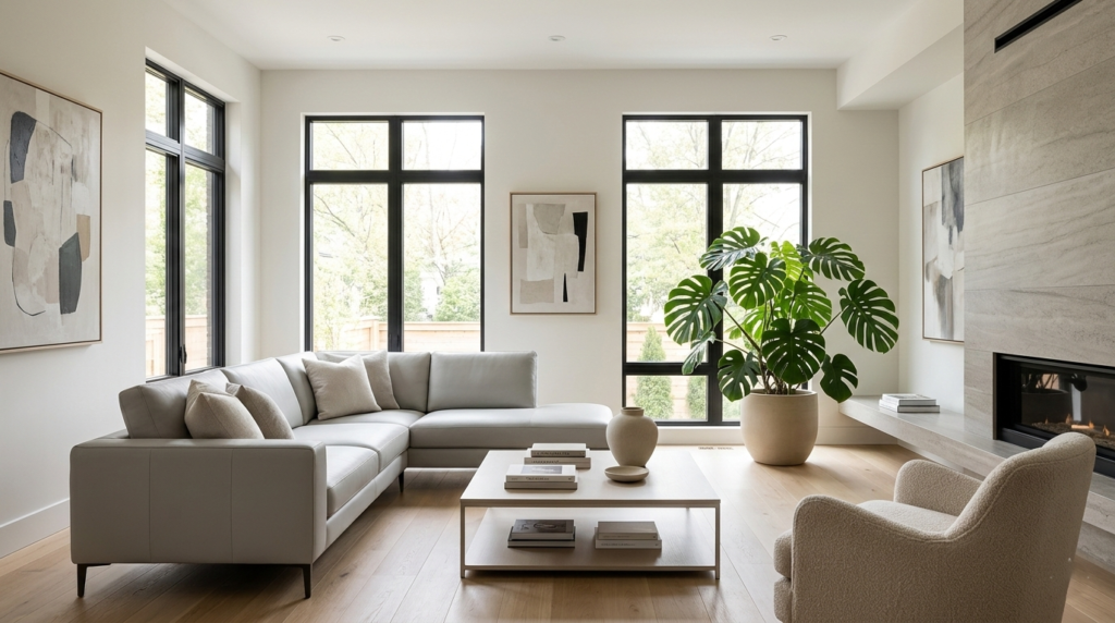 Planta Monstera en living preparado para venta inmobiliaria