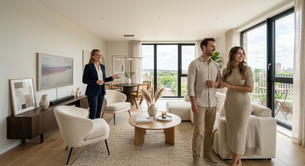 compradores visitando propiedad bien presentada