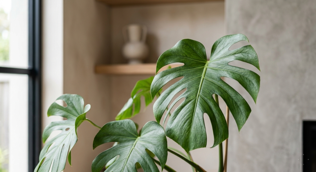 Detalle de hojas verdes en diseño biofílico elegante