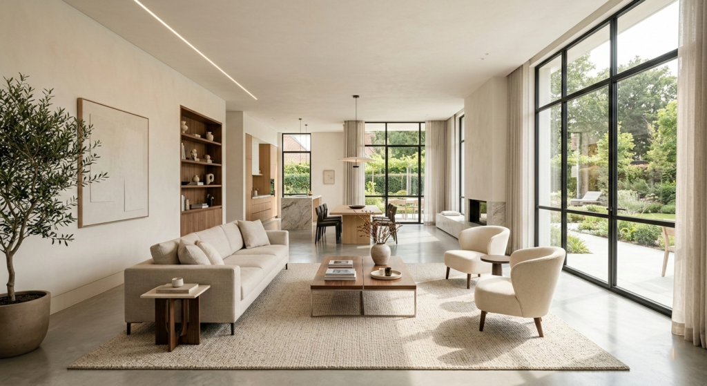 Percepción espacial en sala moderna que aumenta el valor de una propiedad