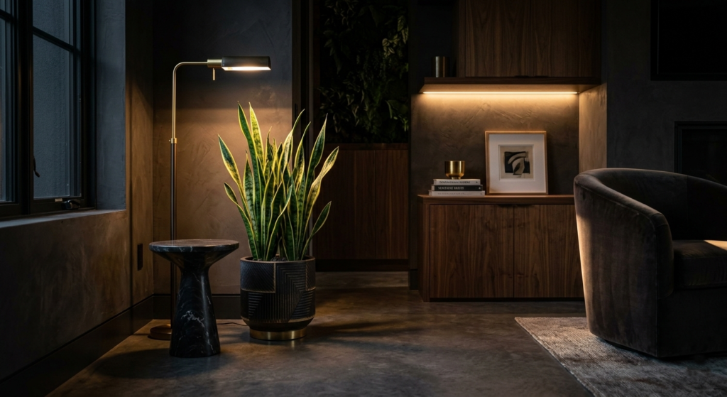 Planta Sansevieria mejorando energía en espacio interior con poca luz