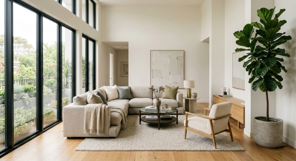 Plantas estratégicas para mejorar flujo y energía en casa en sala moderna con Ficus Lyrata