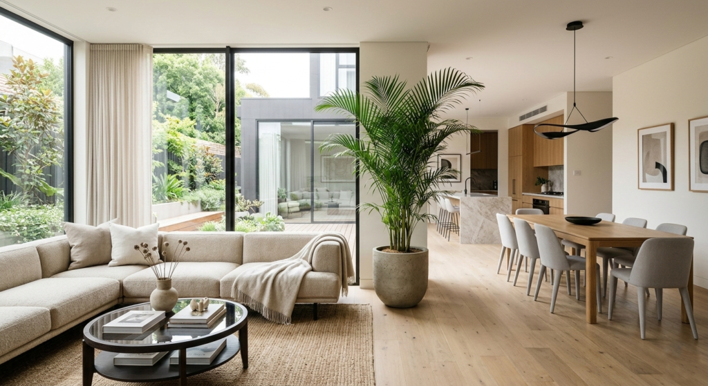 Planta Areca delimitando sala y comedor sin cerrar el espacio