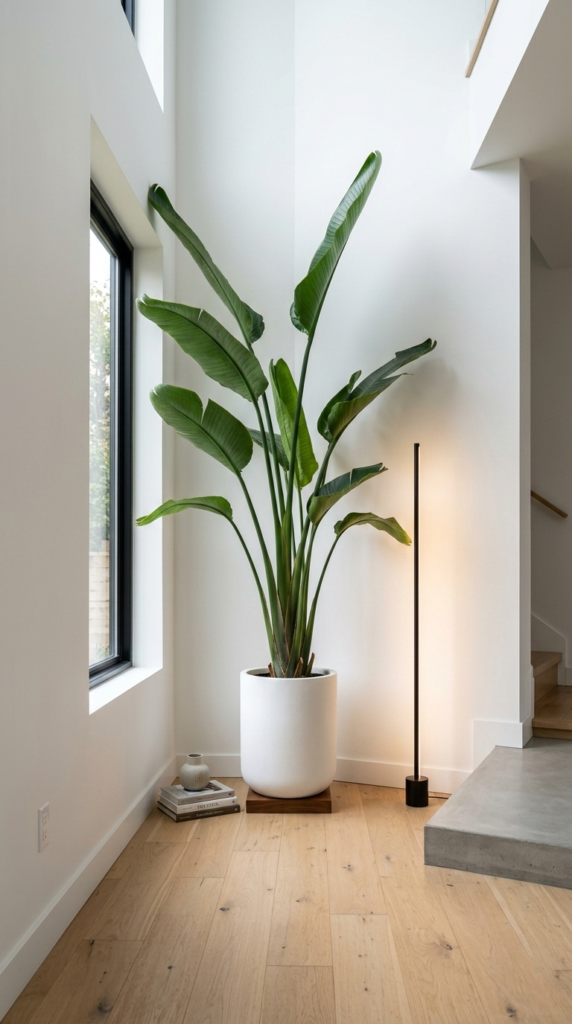 Planta Strelitzia corrigiendo rincón muerto en interior moderno