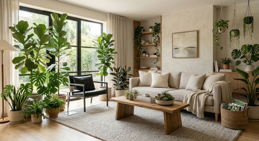 "Airbnb con plantas naturales en sala moderna"