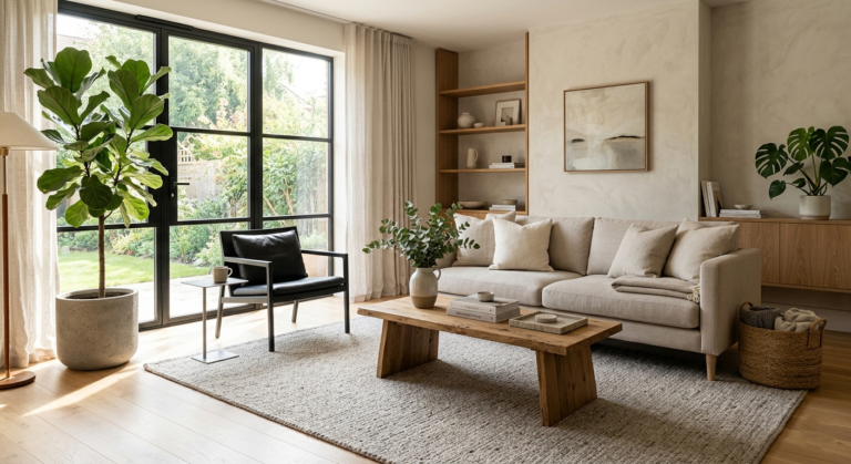 Sala moderna a diseño para Airbnb con plantas Home staging