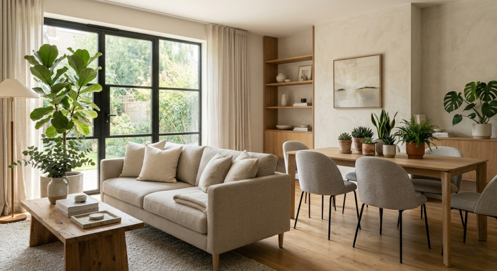 Home staging con plantas naturales en sala moderna