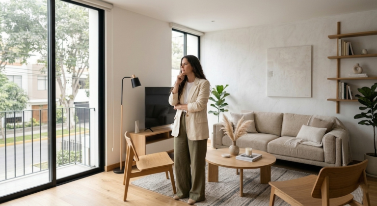 persona observando su sala antes de transformar su espacio diseño de interiores