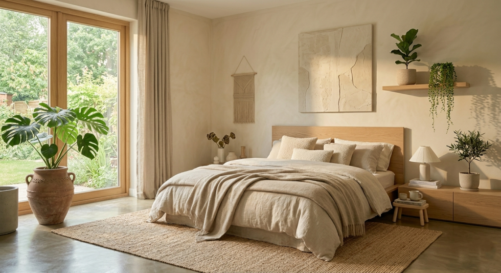 Dormitorio armonioso con distribución de muebles funcional y sensación de calma.