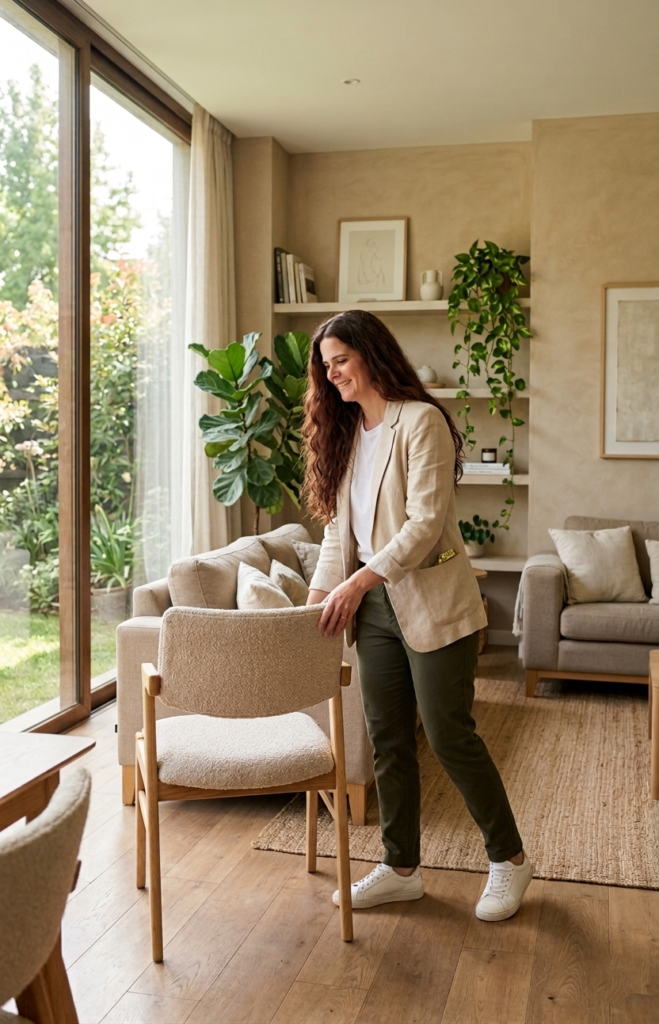 Jesica Samanez reorganizando muebles para mejorar funcionalidad y reducir estrés visual en casa.