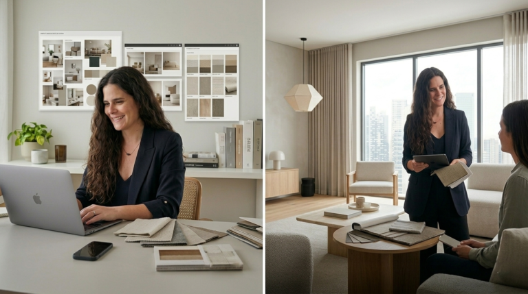 Diseño de interiores online vs presencial comparado en un espacio moderno y funcional