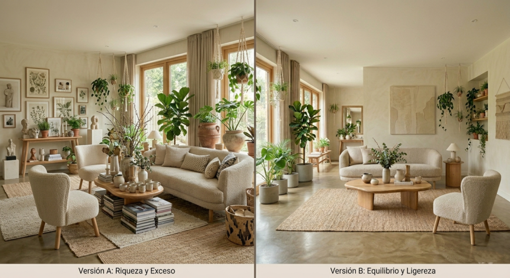 Sala con demasiados muebles que genera sensación de pesadez visual y estrés.
