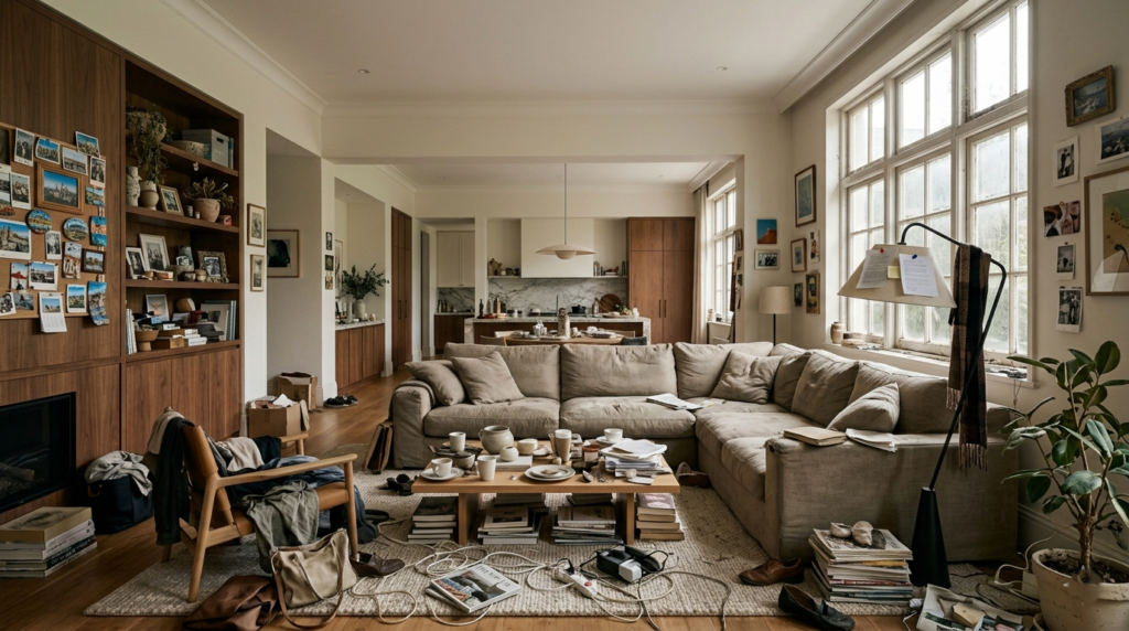 Espacio pequeño con muebles desproporcionados y exceso de peso visual.