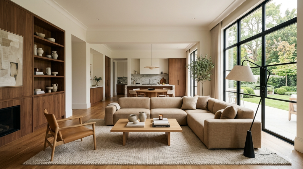 Sala moderna con proporciones equilibradas y diseño funcional adaptado al estilo de vida.