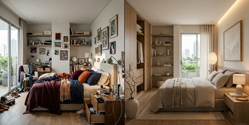 Desorden visual en dormitorio moderno genera ansiedad y agotamiento mental.