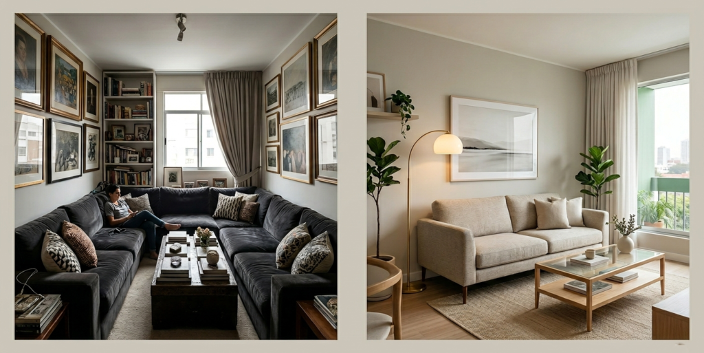 Muebles demasiado grandes generan sensación de saturación visual en espacios pequeños.