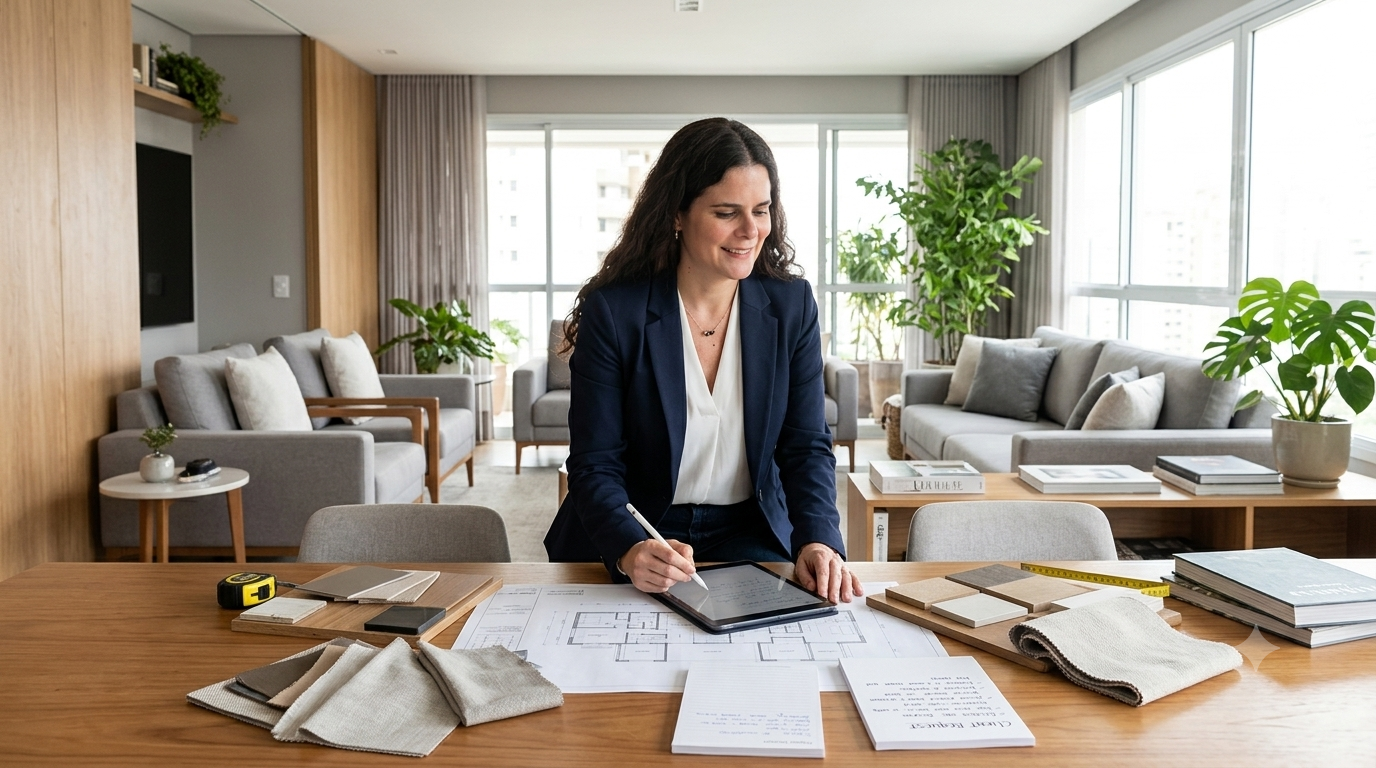 Proyecto profesional de diseño de interiores con planos y materiales antes de transformar un espacio