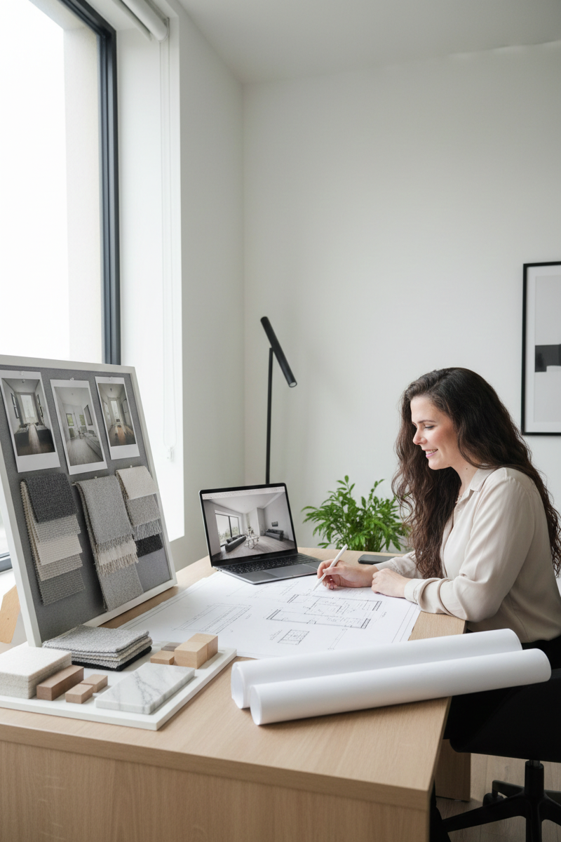 Mesa de trabajo de SamanezDeco con moodboard, planos y muestras de materiales